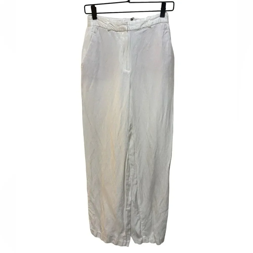 Zara Off-White Shiny Straight Leg Linen Trouser Pants Size XS